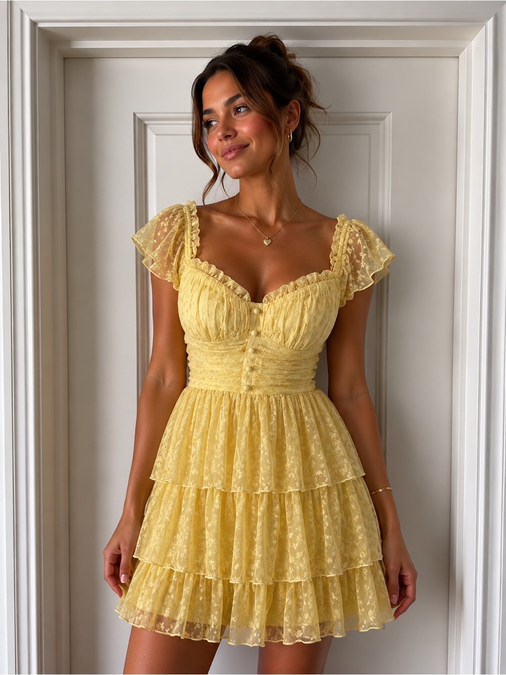 City Studio Yellow Lace Tiered Mini Dress